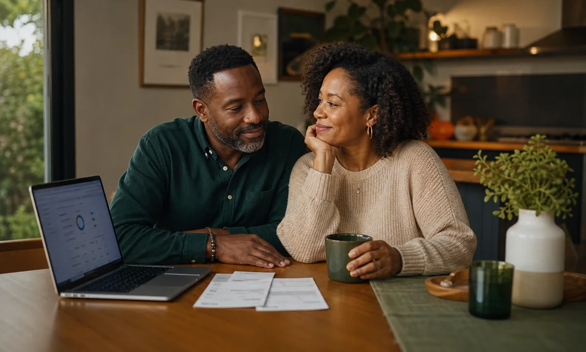 A couple calmly reviewing a healthy household income together